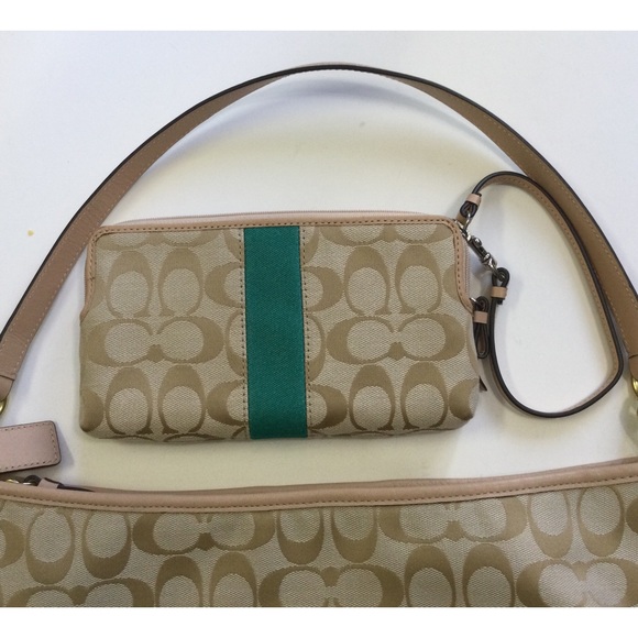 NWT Coach Signature Stripe Khaki Emerald Hobo Crossbody and Wristlet Bundle - Picture 5 of 8